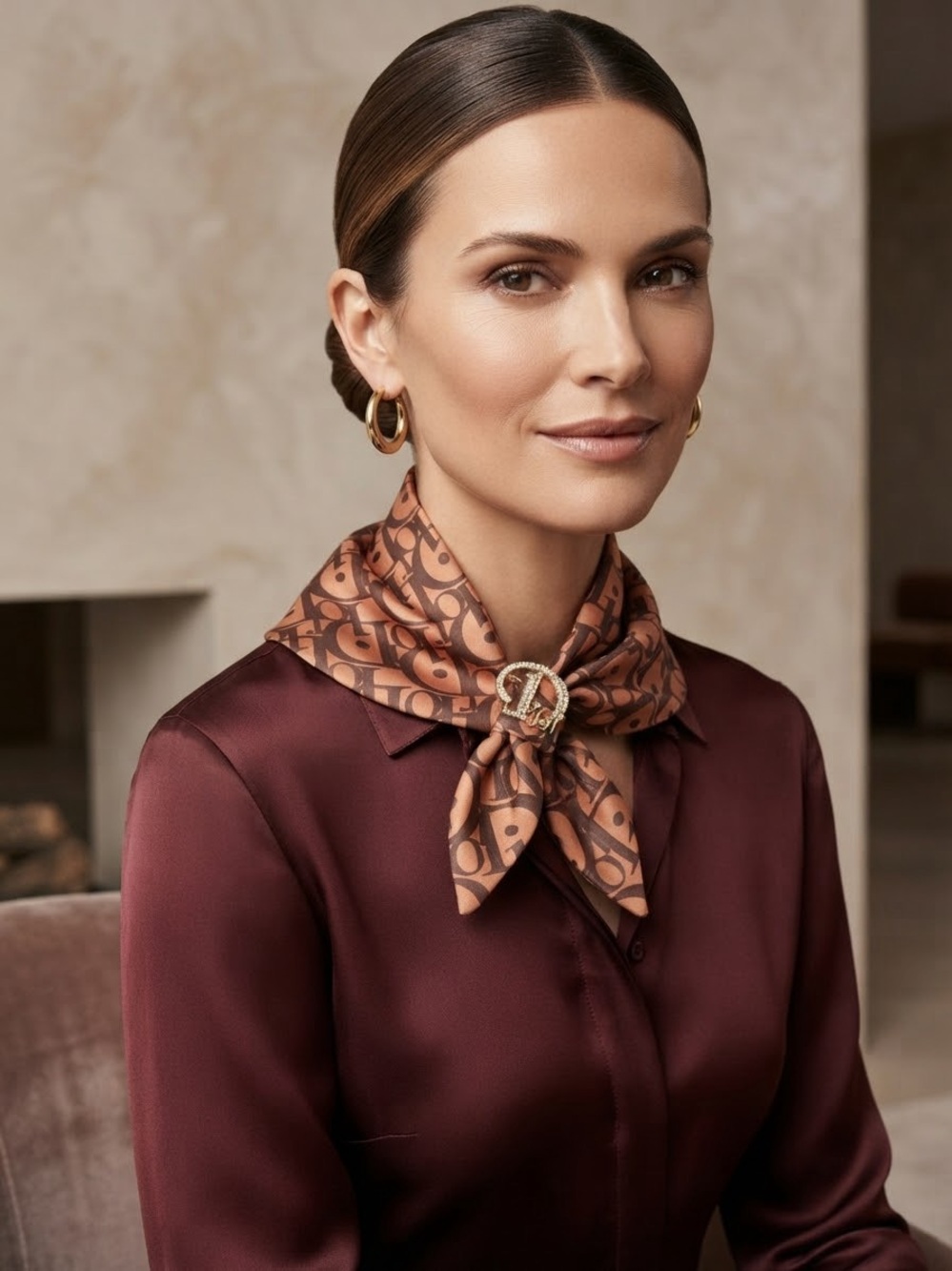 Nice Monogram Silk Scarf with Logo Pin - Brown
